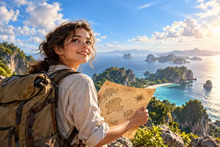 Un explorateur curieux tenant une carte sous un ciel lumineux, enjoué et aventureux