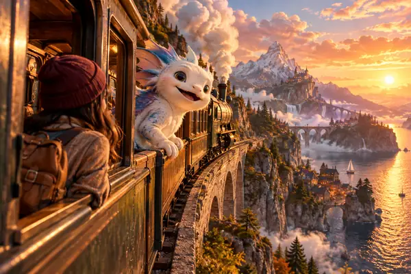 Scène d’aventure animée et fantaisiste avec une créature sympathique et un train d’époque