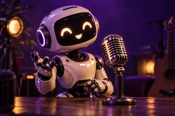 Robot sympathique et expressif à côté d’un microphone d’époque, sur fond violet profond
