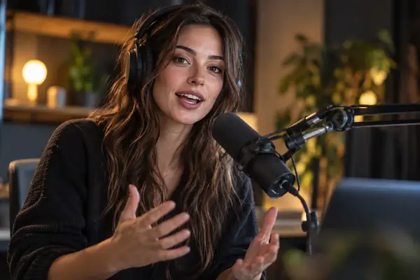 Créateur vidéo concentré parlant face à un microphone de studio et à une caméra