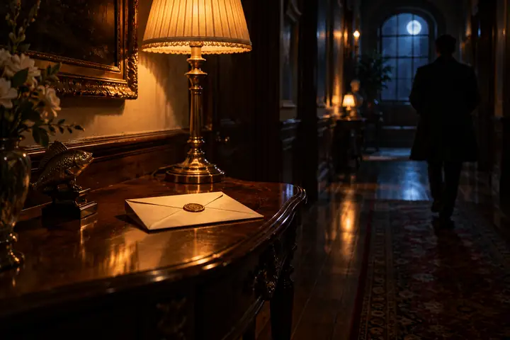 Une lettre non ouverte dans un couloir éclairé par une lampe à minuit, cinématographique et mystérieux