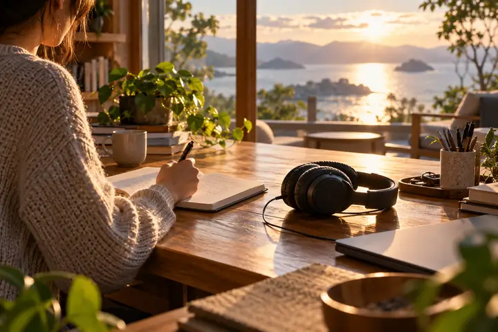 Un espace de travail moderne baigné de soleil, avec un carnet et un casque, calme et accueillant