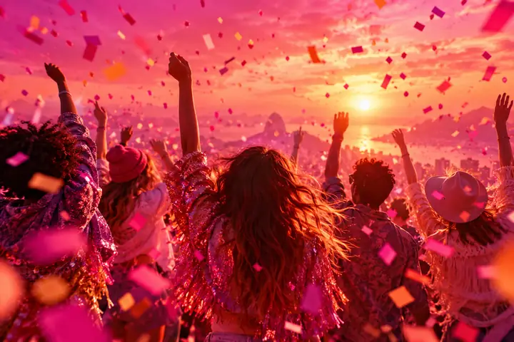 Illustration éditoriale magenta vif et corail, avec des confettis festifs célébrant une communauté créative