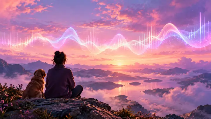 Ciel rose pastel et violet avec une forme d’onde audio abstraite et lumineuse