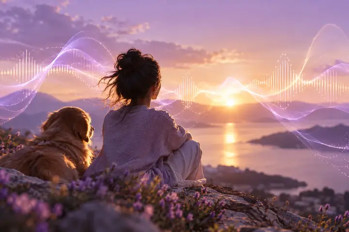 Illustration éditoriale lavande douce représentant de délicates ondes sonores et une lumière chaleureuse