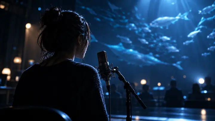 Image cinématographique bleu foncé tirée d’une vidéo narrative, montrant une personne devant un microphone sous un éclairage de studio discret