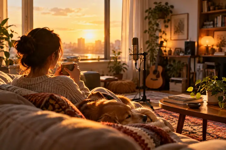 Un lever de soleil chaleureux dans un salon paisible, intime et rassurant