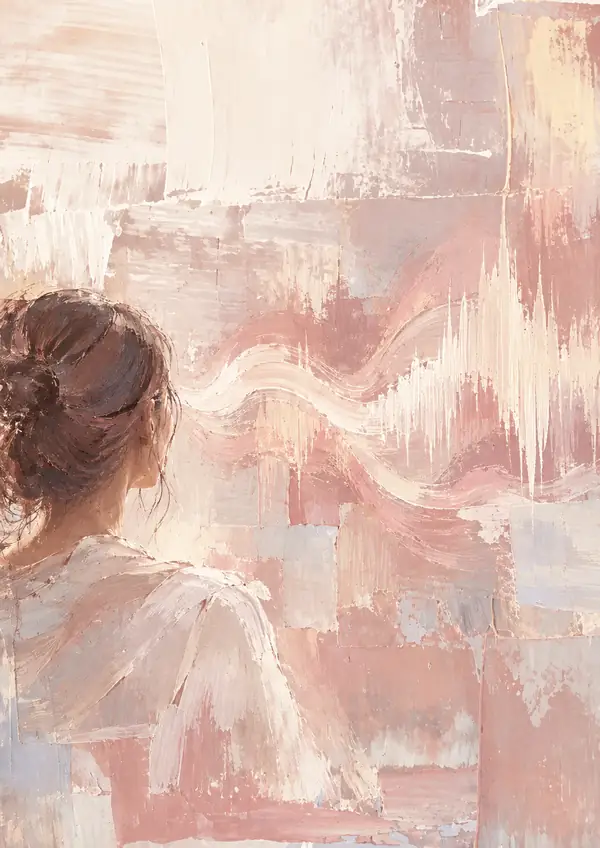 Œuvre abstraite aux touches expressives de peinture rose poudré et crème