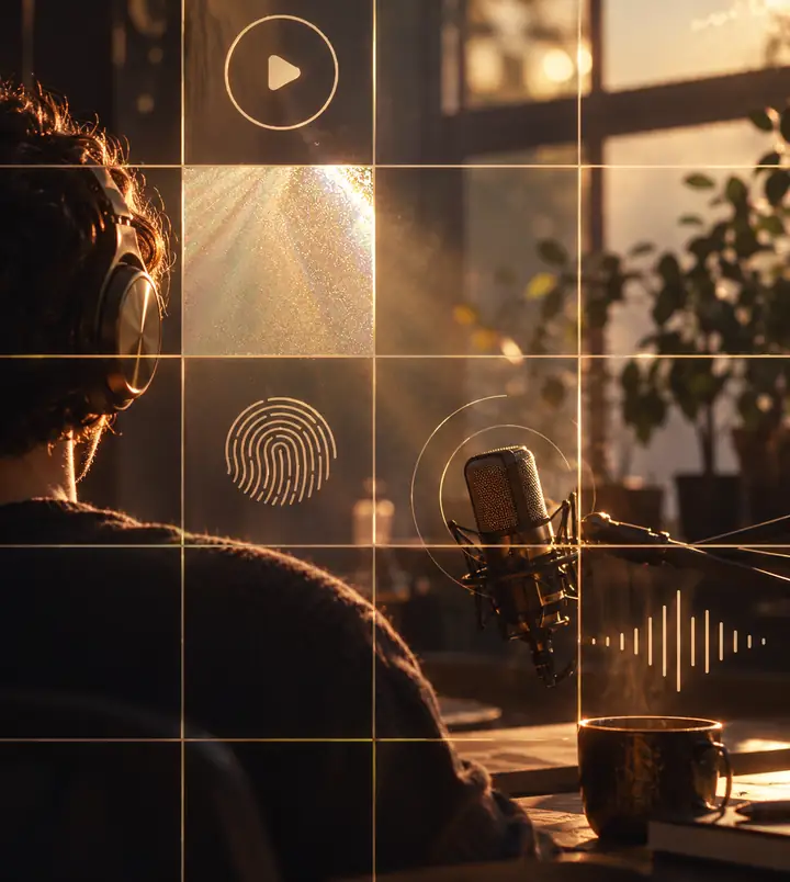 Illustration d’interface géométrique claire, avec des motifs évoquant la voix et la synchronisation