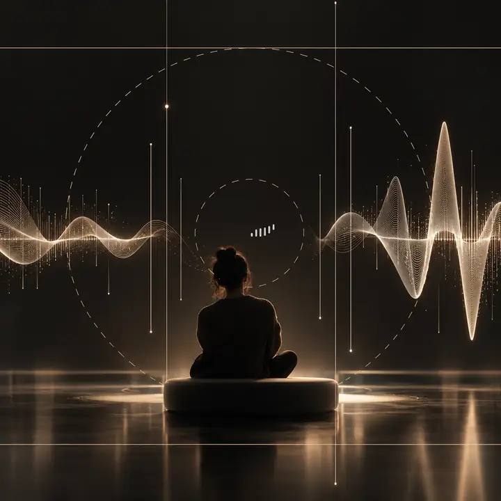 Illustration d’un espace de travail audio minimaliste, avec de fines lignes de forme d’onde et d’interface