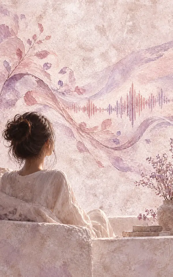 Illustration pâle et texturée, avec de délicats coups de pinceau lilas et rose