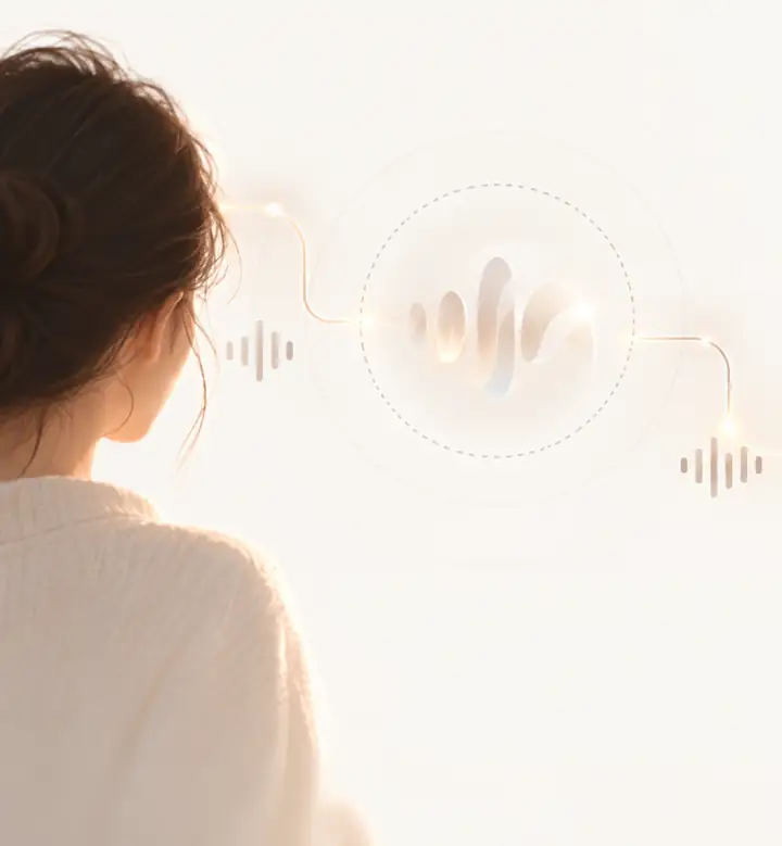 Illustration abstraite douce d’une interface évoquant une conversation vocale connectée