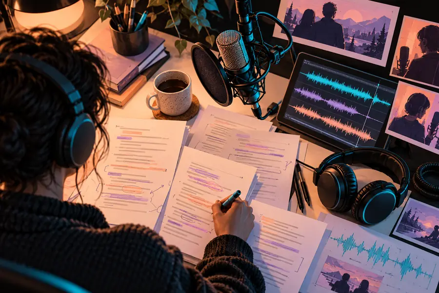 Illustrative artwork representing a script and audio workspace
