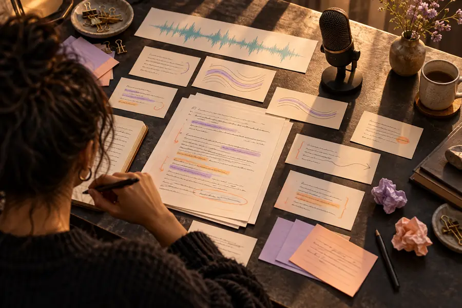 Illustrative artwork suggesting words prepared for a voice script